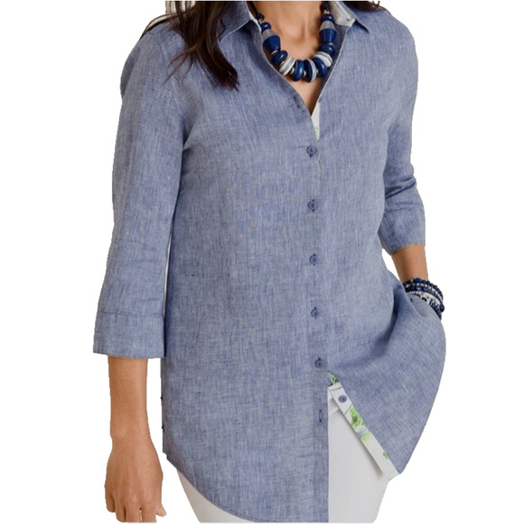 CHICOS Women 2 L Blue Linen Button Up Shirt No Iron Scenic Trim Cuff Neck - Picture 1 of 11